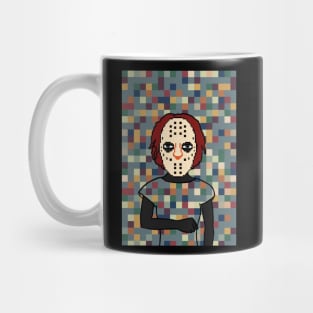 Kain - Pixelated Female Character with Dark Eyes and Gray Pixel Accent Mug